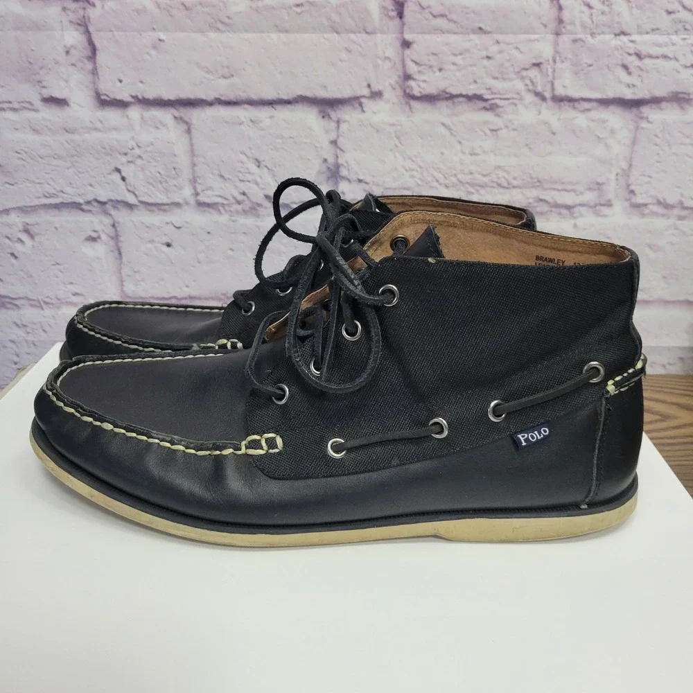 Polo Ralph Lauren Brawley Leather Canvas Chukka Ankle Boots 12D Black Lace Shoes